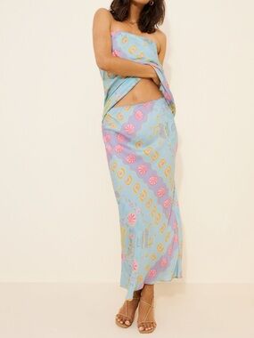 Spell Aquarius Bias Maxi Midi Skirt with blue pink purple shell pattern size S